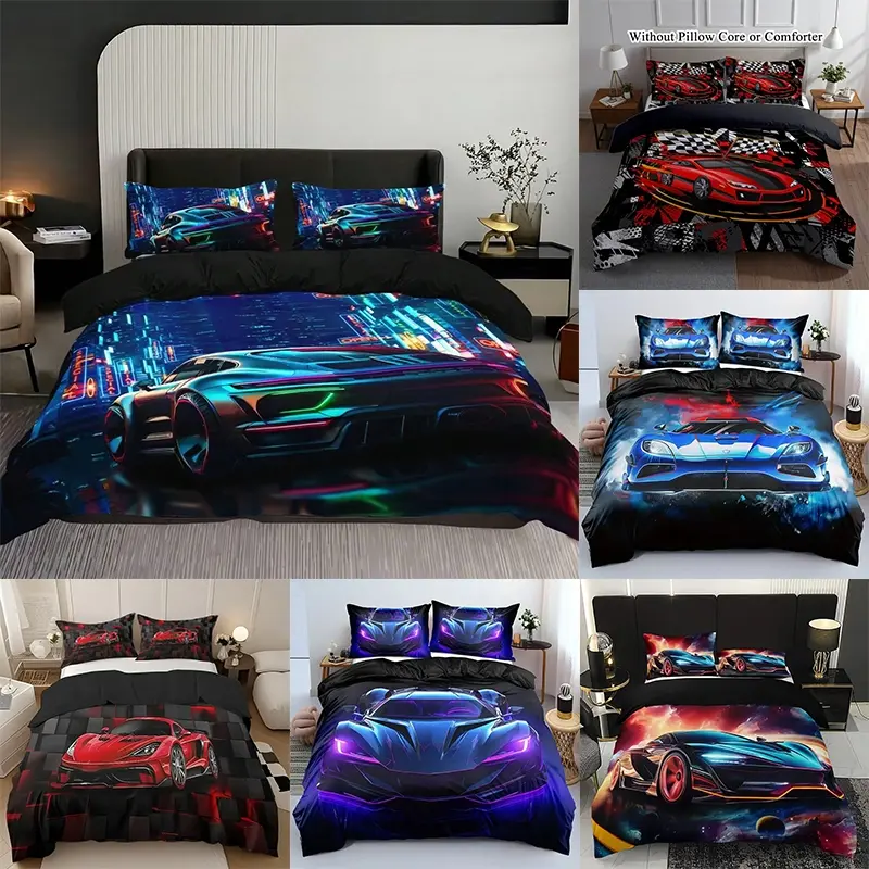 3Pcs Cool Supercar Pattern Duvet Cover Set, Bedroom Bedding Set, Bed Covers, Including 1 Duvet Cover and 2 Pillowcases, No Filling, Unique Zipper Closure Design, Suitable for Bedrooms, Hotels, School Dormitories, Perfect Gift for Sports Car Enthusiasts