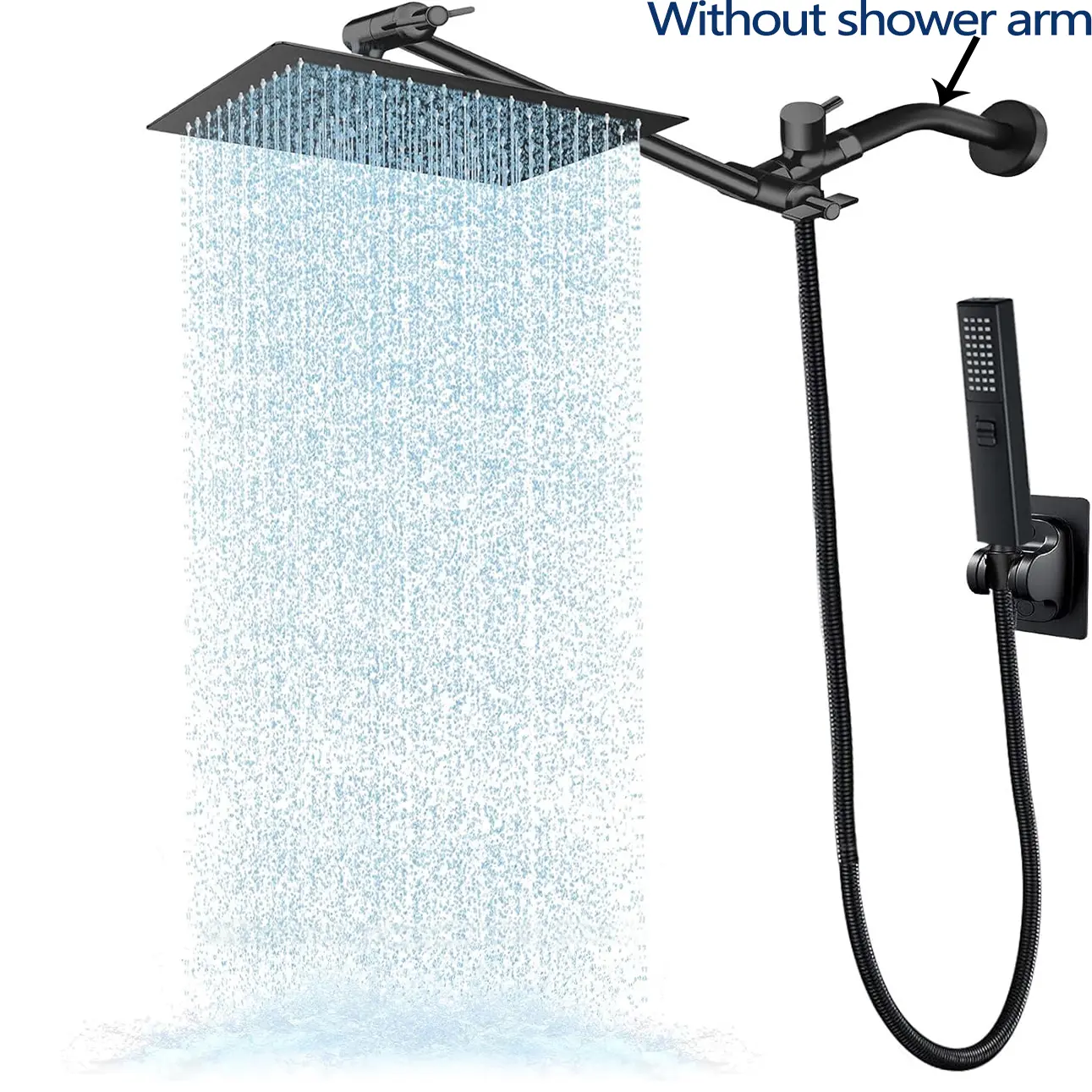 Square Showerhead 8 / 10 Inch with Handheld Shower Combo, Rainfall High Pressure Showerhead, Adjustable Extension Arm, 3-Way Switcher, 78 Inch Extra Long Hose with 9 Inch Extension Arm - Bathroom Upgrades Waterfall Home Modern