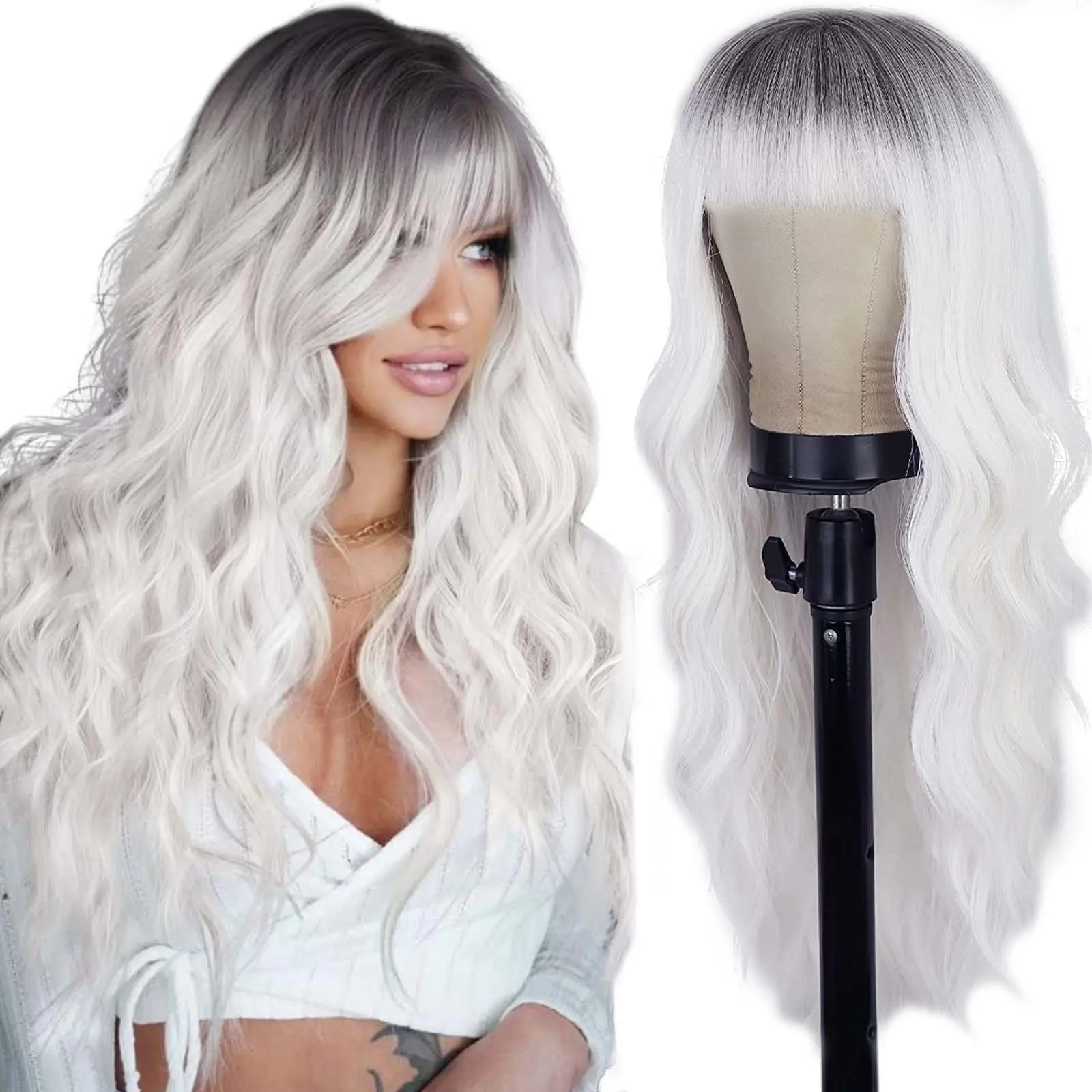 AISI HAIR White Wigs for Women Ombre White Wig with Bangs Long Wavy Wig Hair Dark Root Synthetic Wigs Heat Resistant Fiber wigs for beginners Daily Stylist Friendly Wig Pre Cut Wigs Pre Cut Wigs