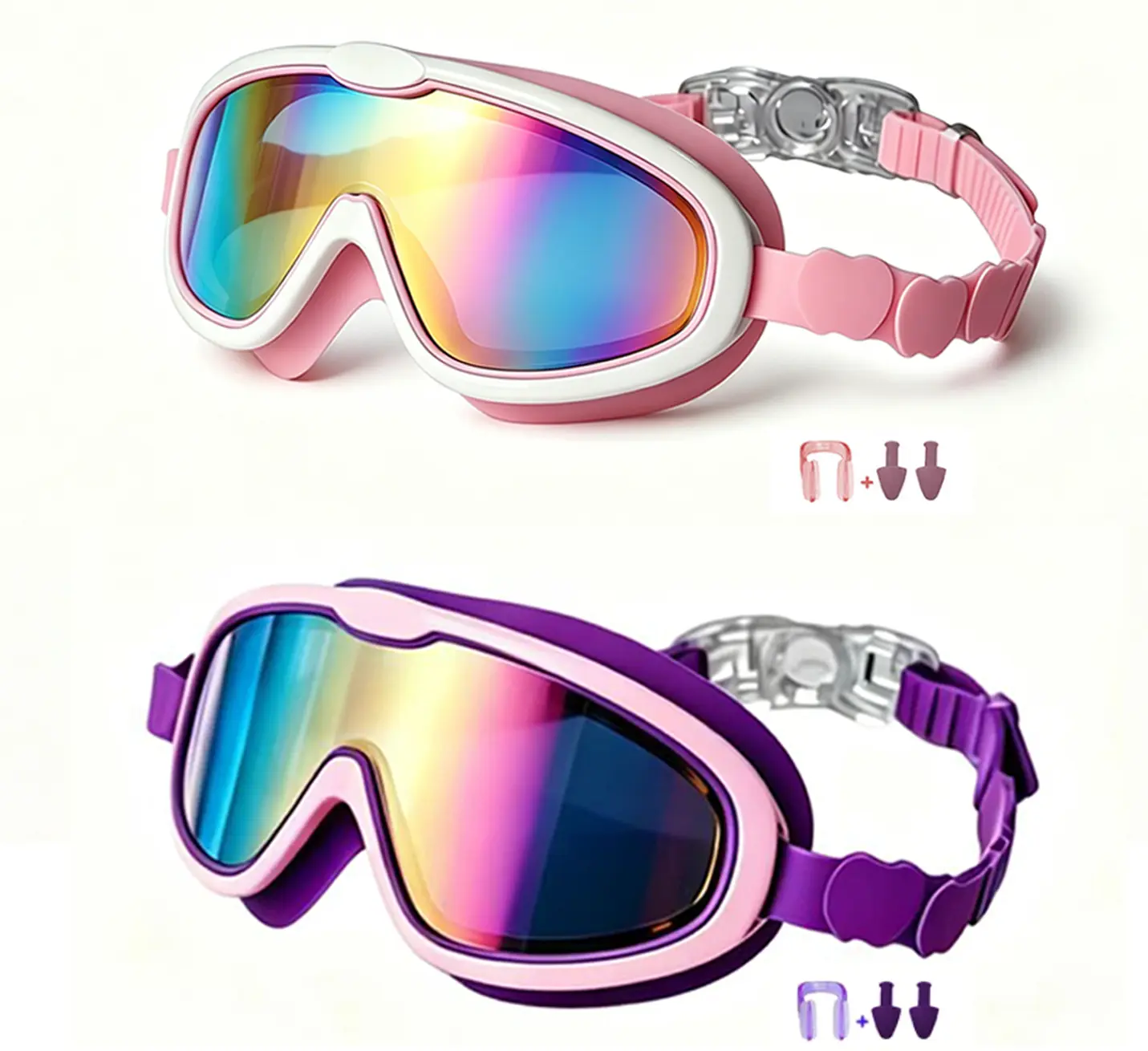 2 Pack Toddler & Kids Swim Goggles, Shatter Resistant Anti-Fog UV Protection Waterproof Swimming Goggles Complete with Ear Plugs and Nose Clips for Ages  3-15 Boys Girls