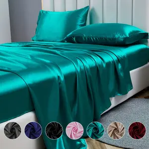 Luxury Satin Sheets Queen Size Bed Set Teal Silky Sheets for Hair and Skin 4 Pieces Fitted Flat Sheet & Pillowcases Durable Elegant Easy Care