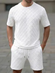Men’s short-sleeve T-shirt and shorts set, geometric pattern two-piece summer casual athletic outfit, comfortable and breathable for fitness, beach, and everyday wear; men’s summer matching color set with a top featuring an elastic waistband shorts.