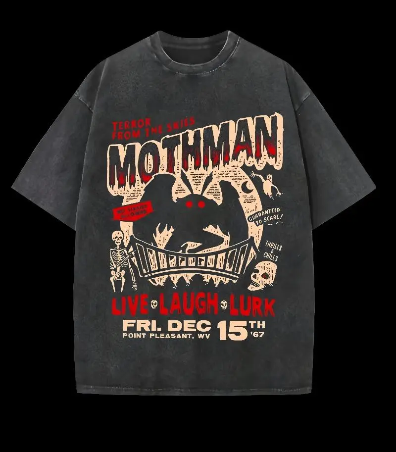 230g Washing, Mothman Terror Strikes In The Sky Printed T-Shirts, High-Quality Batik Cotton Vintage Fashion Brand T-Shirts, Men's T-Shirts, Summer T-S y2k,soulja,concert,Halloween,Gothic,Vintage,Streetwear Graphic Y2K Streetwear Graphic Tee