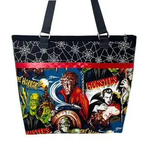 La Luna Blu Handbags Classic Horror Universal Monsters & Glow In The Dark Spider Webs Tote Bag - Vintage Frankenstein Wolfman Mummy Dracula
