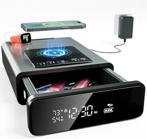 Biometric Discreet Security Safe with 12-Hour Time Clock Display, Wireless Charging Safe for Valuables with Adjustable Brightness, Backlit Keypad, LED Light, and Auto Pop-up Access