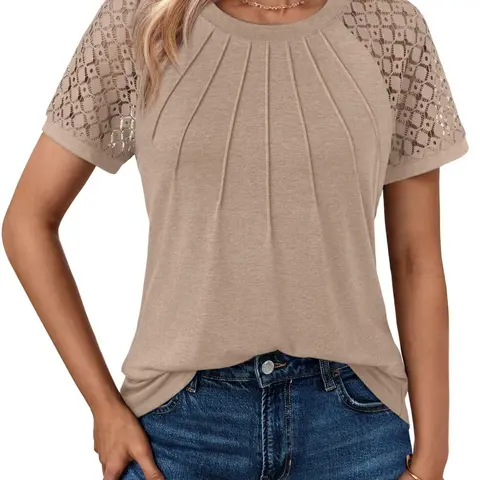 Women's Summer Round Neck Lace Patchwork Hollow Out Short Sleeve Basic Lightweight Lady T-Shirt, Casual Everyday Fit Knit Top for Business Commute, Teacher Wear, Casual T Shirts