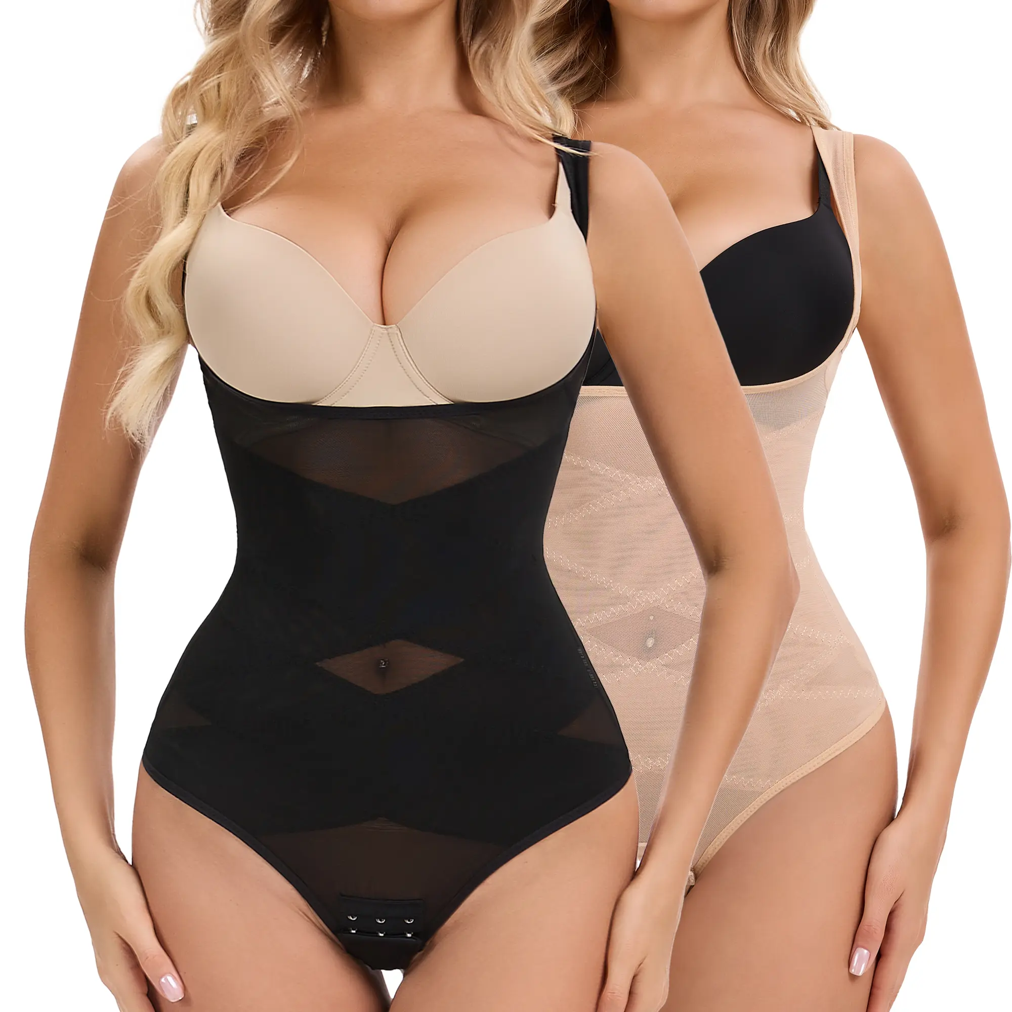 Women's Open Bust Thong Bodysuit Shapewear - Compression Waist Training, Tummy Control Belly Binder, Butt Lift Faja, Body Contouring Nude Casual All-Season Underwear