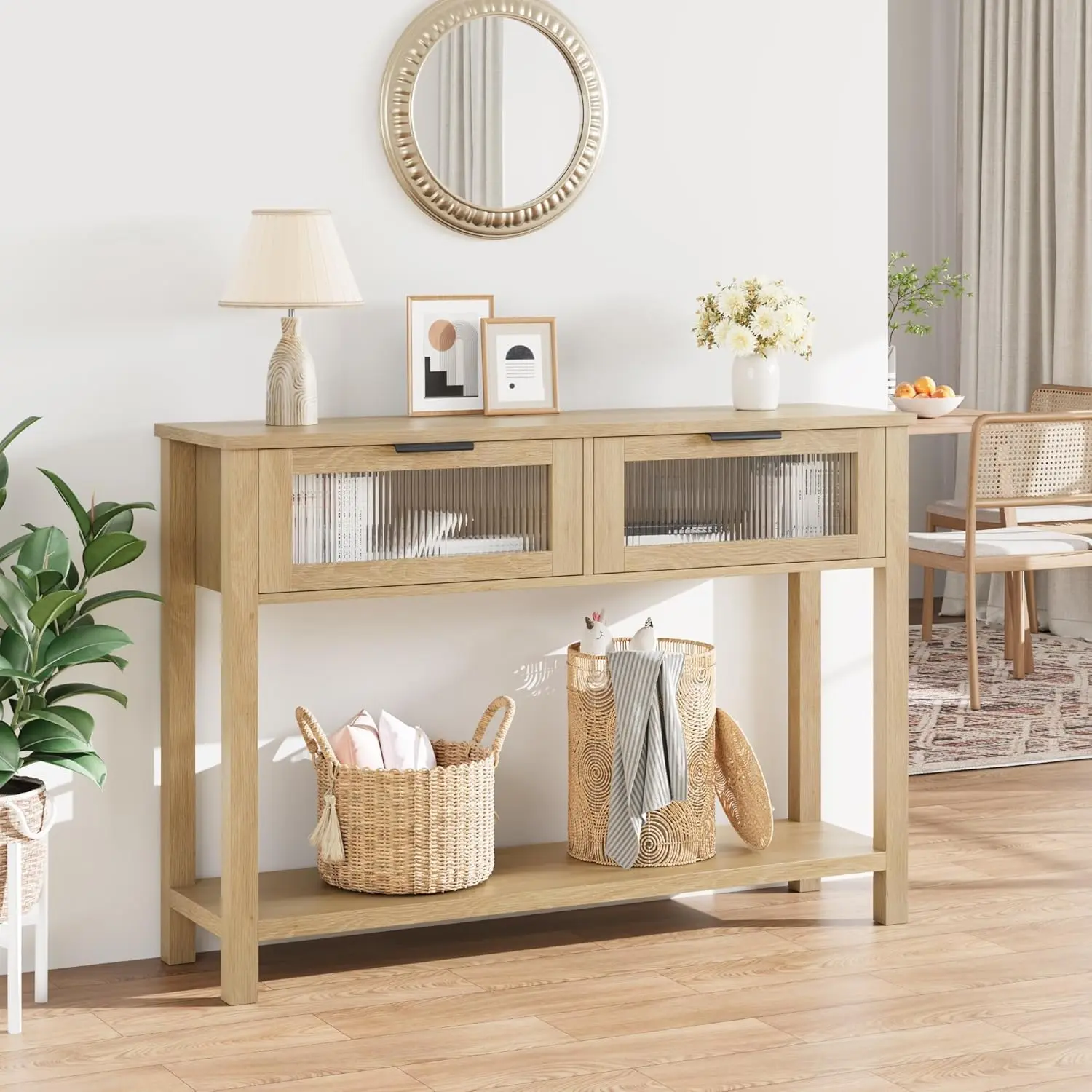 Garvee Rustic Modern Farmhouse Entryway Table with Narrow Console Design, Glass-Front Drawers, 2-Level Open Shelf, MDF Top, and Solid Wood Legs Sofa Table in Natural Wood Finish