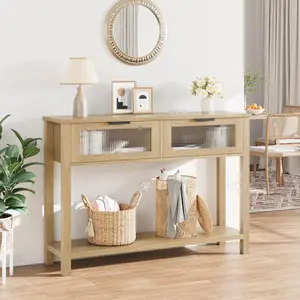 Garvee Multi-Title Entryway Console Table with 2 Glass-Front Drawers, 2-Level Open Shelf, Solid Wood Legs, MDF Top, Rustic Modern Farmhouse Style - Perfect for Hallway, Living Room, Kitchen, or Office