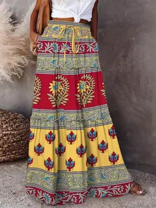Boho Style Colorblock Floral Skirt, Loose Plus Size Beach Dress, High Waist Drawstring Layered Long Skirt, Women's Fashion, Colorblock Print Skirt