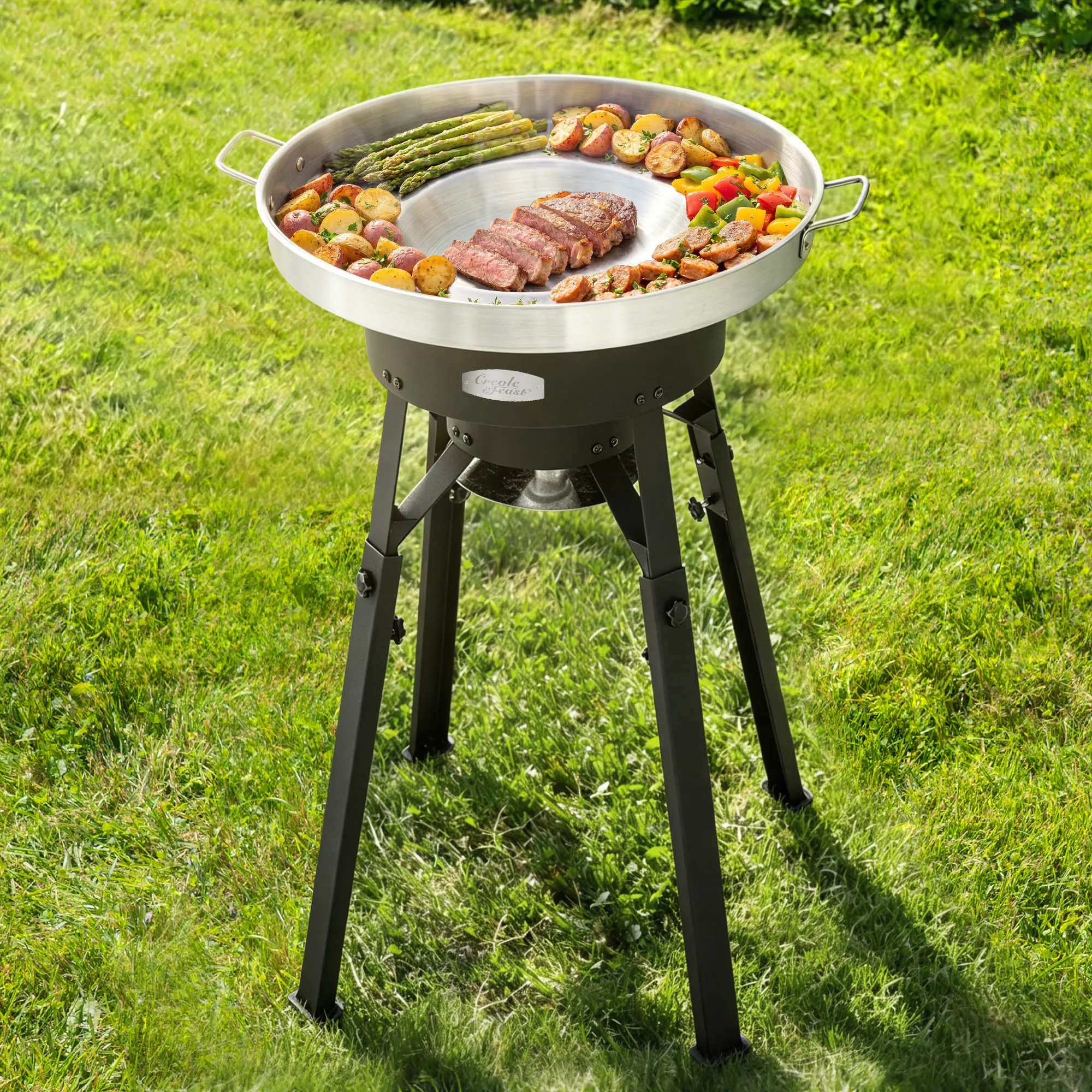 Creole Feast PFD200 54,000 BTU Portable Gas Cooker with Stainless Steel Wok, Cast Iron Burner & Height Adjustable Legs, Outdoor Propane Cooker for Camping, Tailgating, Backyard, Silver & Black