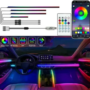 4-in-1 RGB Car Interior Acrylic LED Strip Lights, Music Sync Ambient Lighting, APP & Remote Control, USB Powered Flexible Mood Lights for Vehicle Interior Decoration Fiber Optic Cable Included