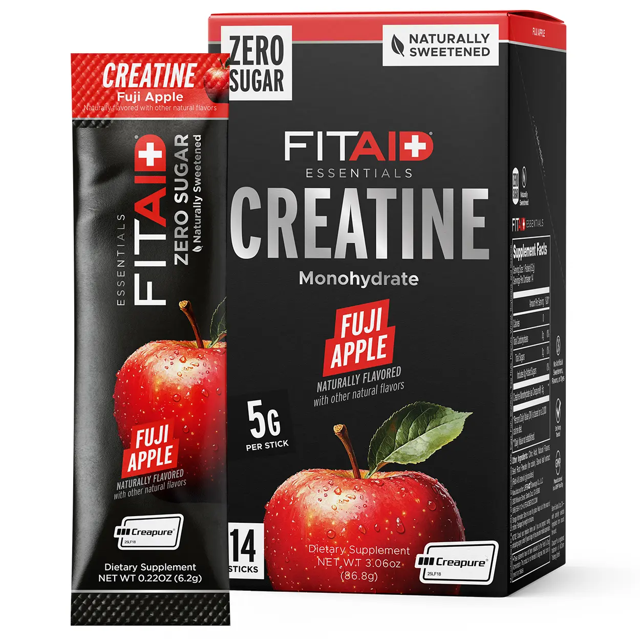 FITAID Creatine Fuji Apple Powder Sticks – Clean 5g Creapure Creatine for Muscle Recovery & Strength | Zero Sugar | On-the-Go Supplement