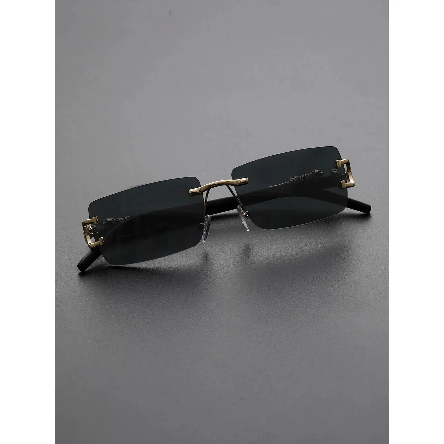 Rimless Rectangle Sunglasses for Women with Gold Dragon Detail & Stunning Blue-Purple Gradient Lenses, Lightweight Minimalist Eyewear with UV400 Protection for Parties & All-Day Wear, Uv-Protection Lens, Uv400 Eyewear, Matte Black, Female, Metal Accents,,