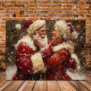 Pudraw 1 Piece Wooden Frame Canvas Painting, Santa Claus and Mrs. Canvas Wall Art, Wooden Frame, Holiday Decoration, Happy Dancing Painting, Suitable for Living Room, Thanksgiving, Christmas, Halloween, Carnival, Single Party, Perfect Room Decoration