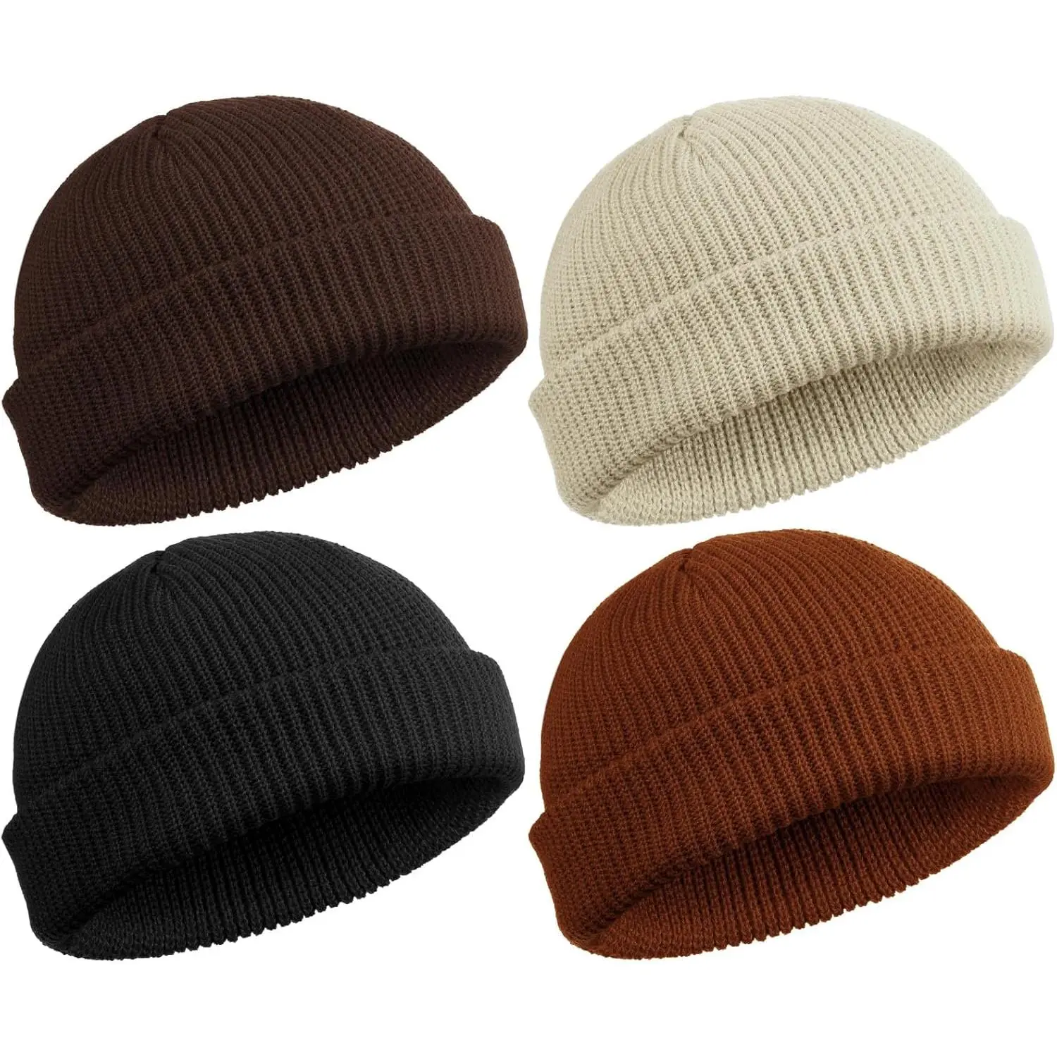 4-Piece Unisex Knit Hat Set, Thick Stretchy Fisherman Beanie with Roll-Up Cuff, Winter Watch Cap, Elastic Stretch, Black, Red, Coffee, Dark Caramel, One Size