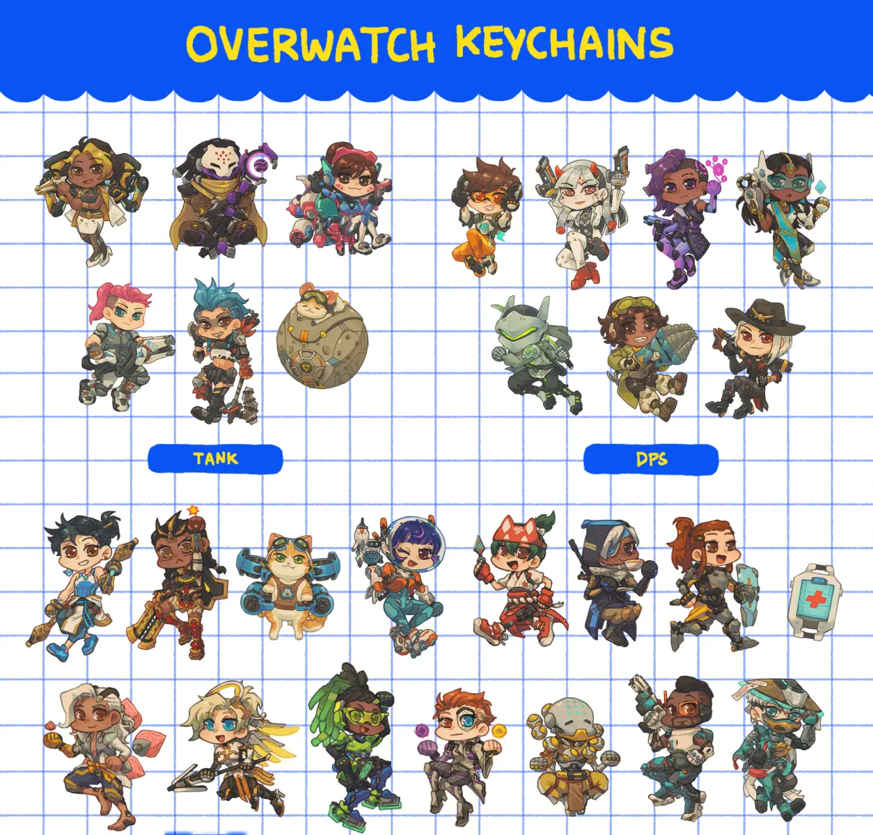 Overwatch Ana, Baptiste, Brigitte, Illari, Wuyang, Shion, Kiriko, Lifeweaver, Zenyatta, Juno, Jet Pack Cat, Mizuki, Lucio, Moira, Domina, D.Va, Junker Queen, Ramattra, Symmetra Keychain