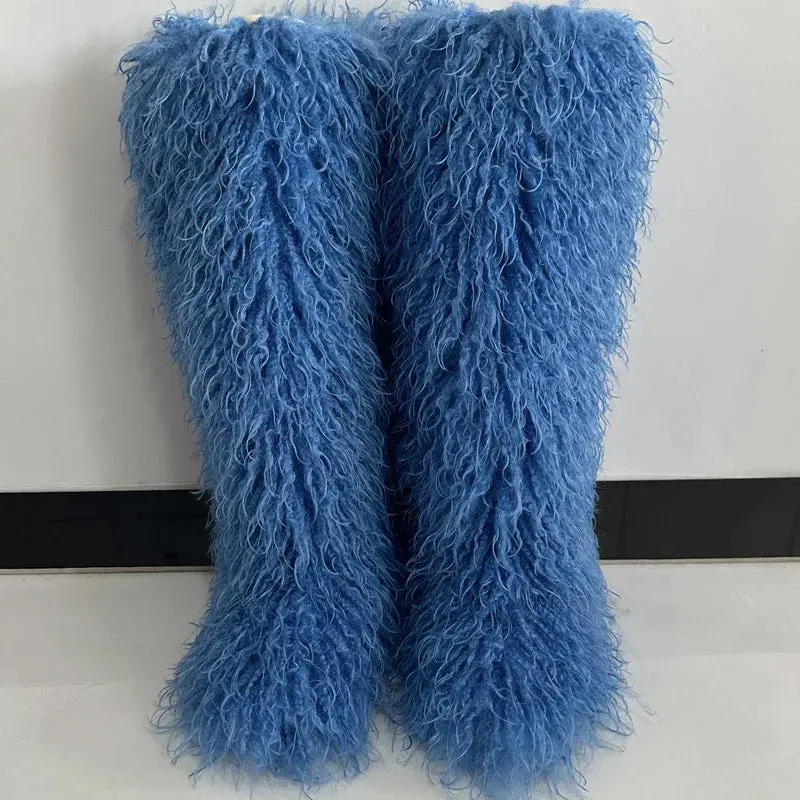 Women's Lake Blue Warm Plush Faux Fur 70cm Long Over Knee Snow Boots