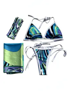 Bohemian Floral Bikini Set – Luxury Women’s Silk Swimwear with Scarf & Headband – Adjustable, Comfortable & Ideal for Summer Beach & Poolside Fun
