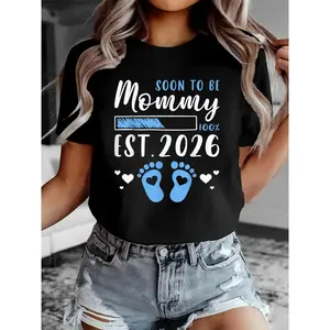 Expecting Mom To Be, Soon To Be Mommy Est.2026 T-shirt Short Sleeve Crew Neck Casual Top For Summer & Spring, Women's Clothing