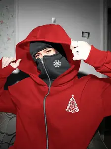 Women's Two-Layer Hat Zip Pocket Sweatshirt, Snowflake & Christmas Tree Pattern, Fall Winter Casual Loose Fit, Comfortable Fashion