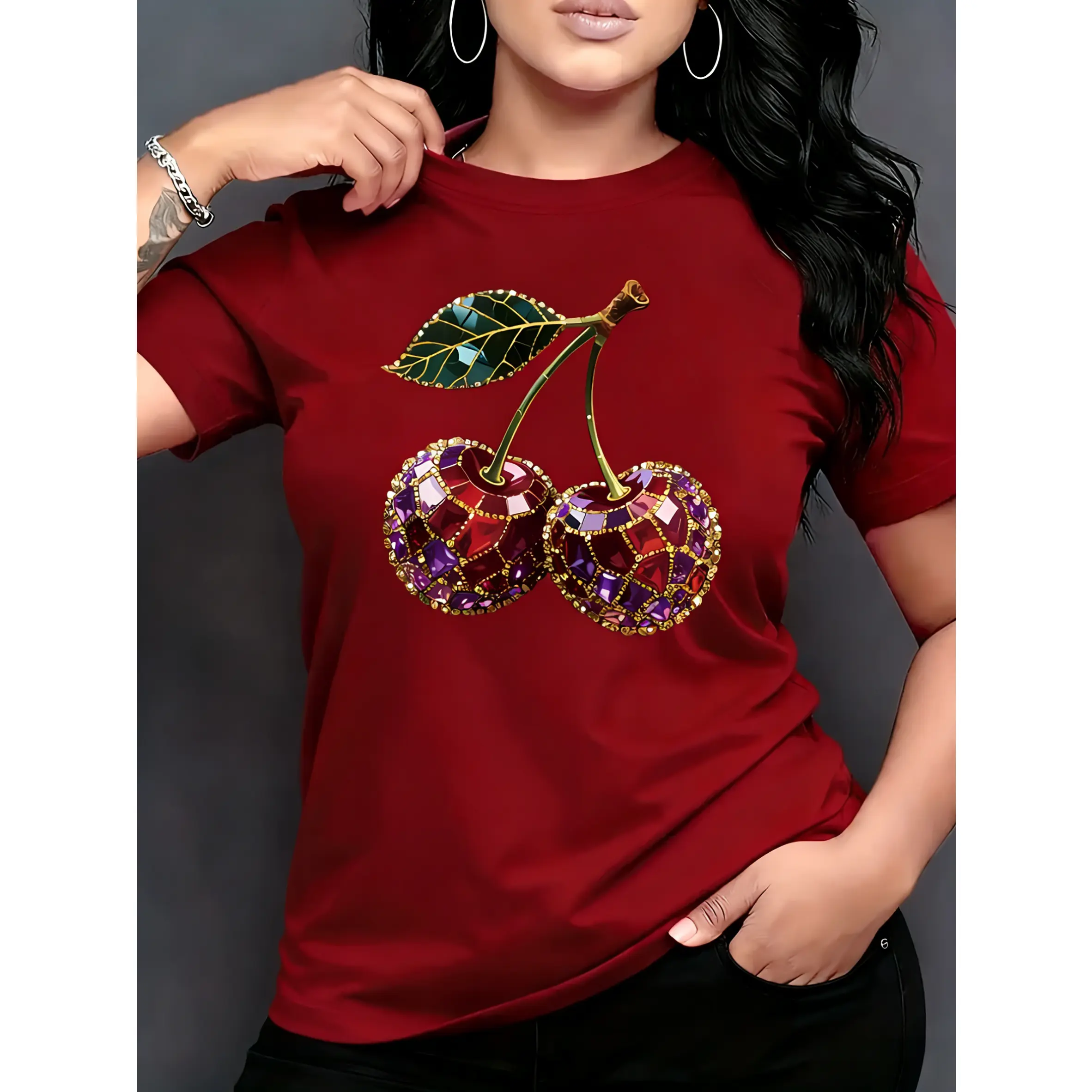 Women's Plus Size Basic Wine Red Short-Sleeve T-Shirt - Smooth Fabric, Sparkling Jewel Cherry Graphic Print, Casual Fit Tee