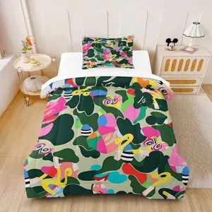 A Bathing Ape Style Colorful Camo Comforter Set (2/3 Piece, Includes 1 Comforter + 1/2 Pillowcases), Hypebeast Green Camo Decorative Bedding Set for Teens & Adults, Bedroom Decor