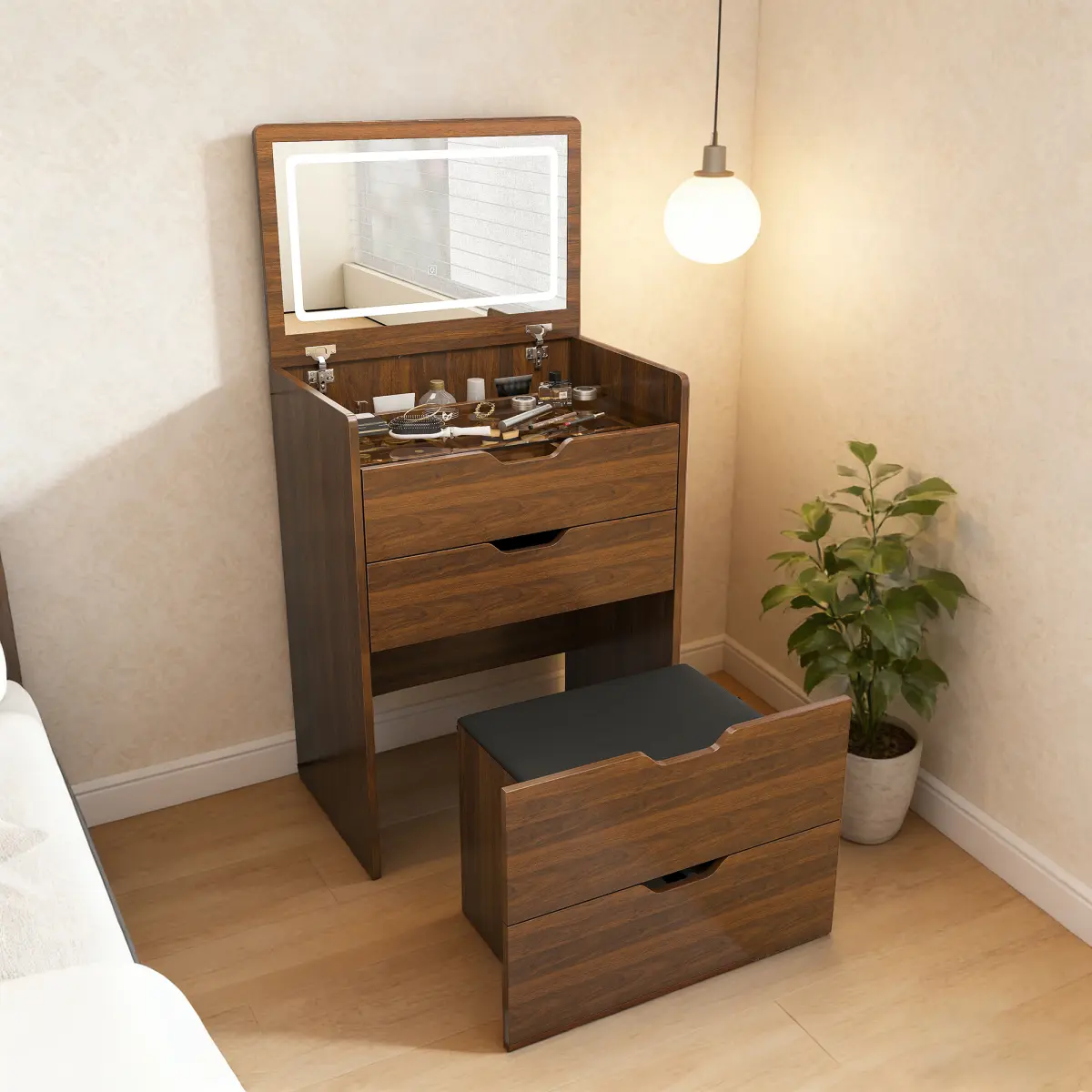 3 in 1 Small Vanity Desk with Flip Top Lighted Mirror for Bedroom, Small Compact Vanity with Visible Glass Desktop for Cloakroom, Makeup Vanity Set with 3 Drawers, Cushioned Stool, Walnut + Black Cushion