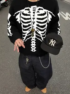 Men's Dark Skull Embroidered Fitted Long Sleeve Knitted Sweater, Street Style Streetwear Knitwear, Comfortable and Warm, Casual Fall & Winter Fashion Essential