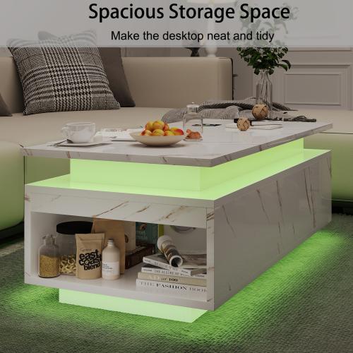 47" Modern Coffee Table with 24-Color LED with Wireless Charging, Bluetooth Speaker, and USB Ports, High Glossy Marble Coffee Table with Large Open 2-Tier Storage and Shelves for Living Room - White