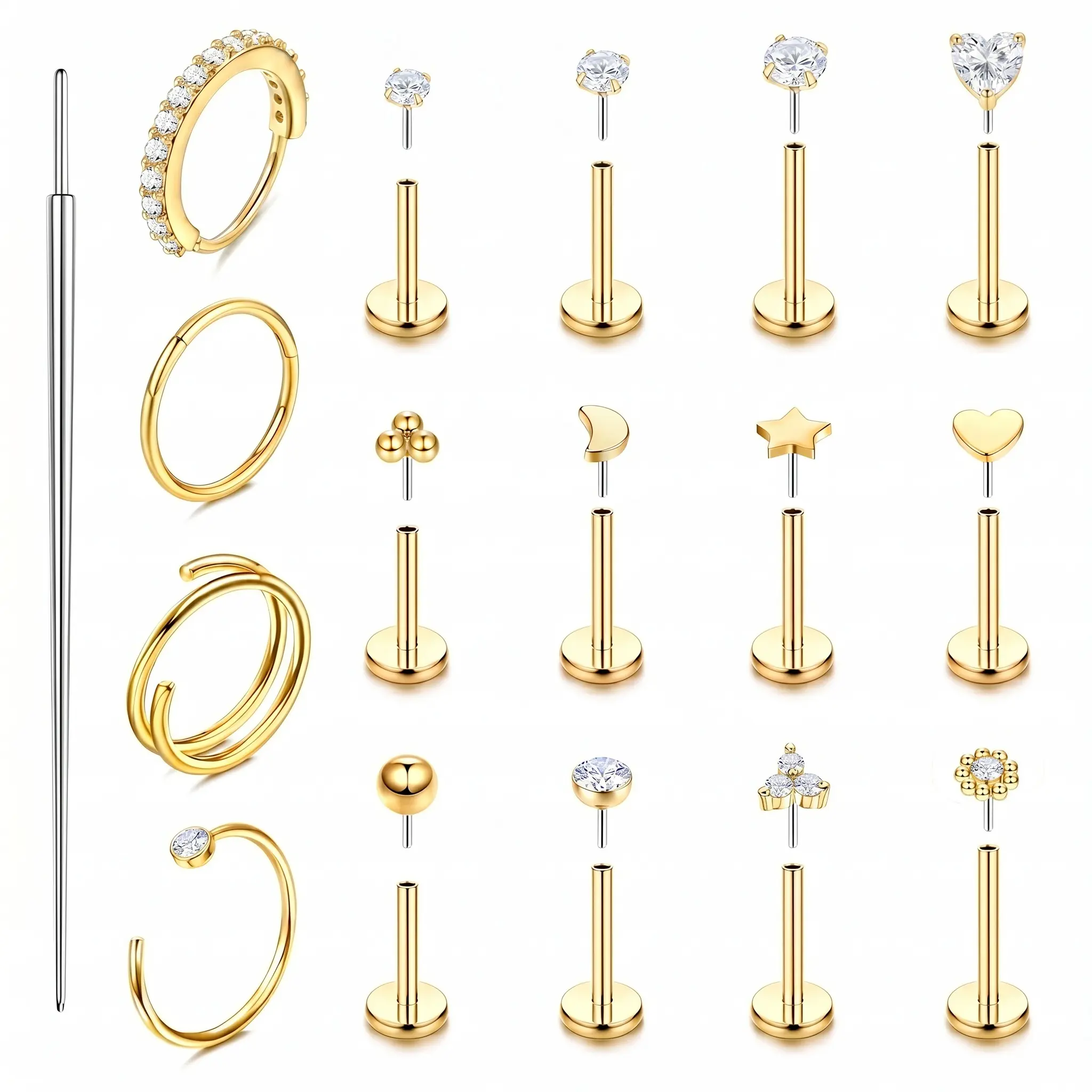 14K Gold Plated Nose Rings & Flat Back Earrings, 20G/18G Threadless CZ Jewelry, Surgical Steel Nose Studs for Helix, Tragus, Cartilage, Nostril & Lip Piercings