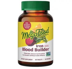 MegaFood Blood Builder Iron Supplement for Women & Men - Increase Iron Levels Without Side Effects, Improves Energy Levels - B12, Folic Acid & Vitamin C for Absorption, Vegan Non-GMO, 60 Mini Tablets