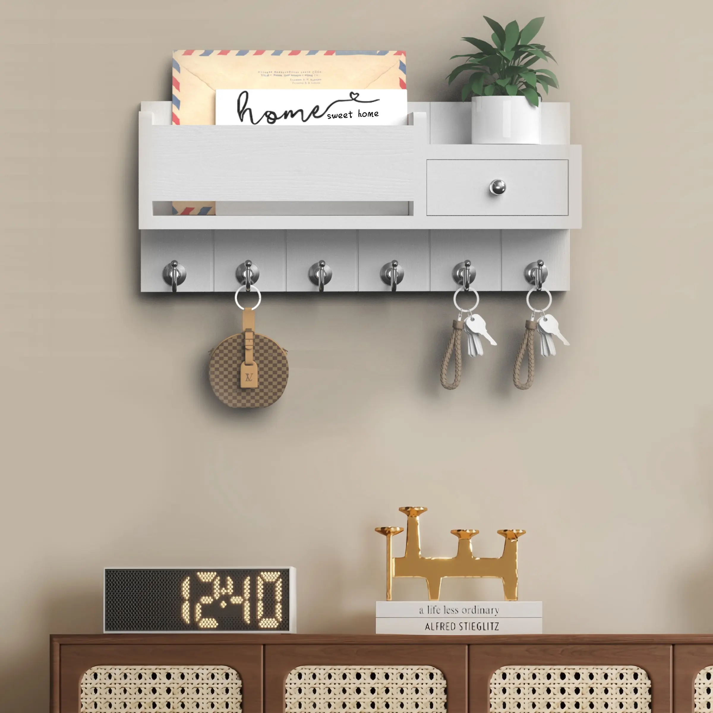 Wall Mounted Key Holder, 1 Count Decorative Key and Mail Holder with Shelf, Wooden Key Hanger with Mounting Hardware for Home Office, Hanging, Decorative Hooks