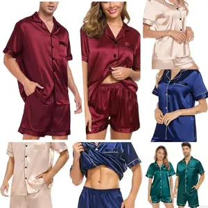 Women & Men‘s Short Sleeve Pajama Set - Silk Feel Icy Satin Fabric for Comfortable Nightwear, Matching Couple Home Loungewear