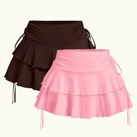 Women's Solid Ruched Drawstring Tiered Layer Skirt, Bubbles Skirt, Elegant Fashion Casual Short Skirt for Daily Outdoor Wear, Women Bottoms for Summer