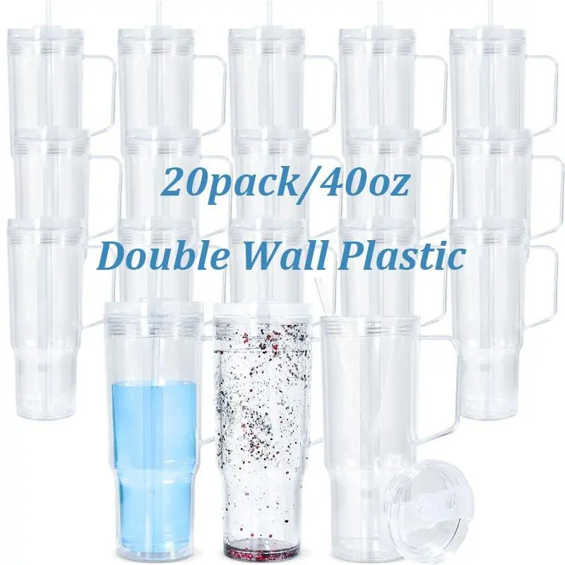 20-Pack 40oz Double-Wall Plastic Snowglobe Mug Tumbler - Pre-Drilled, Leak-Proof, Glitter-Ready, with Handle, Straw, Lid, Stopper - Ideal for UV DTF Wraps, Mug Use, Waterbottle