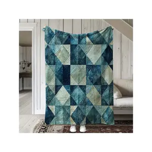 1pc Soft Flannel Blanket - Blue & Green Geometric Pattern, All-Season Cozy Throw For Couch, Bed, Travel, Camping - Machine Washable Modern Home Decor Gift In Teal Blue & Mint Green - Contemporary Style, Bed Cover, Contemporary Design-30*40in