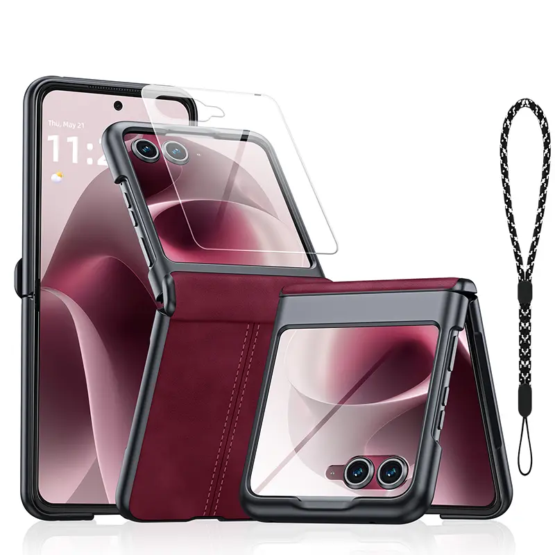 BSNRM For Motorola Razr 2026/2025/2024 Case, Razr 2026 Ultra PU Leather Phone Cover with Hinge Protection, HD Screen Protector, Slim Shockproof Design