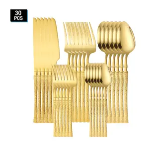 24/30 Piece Textured Handle Stainless Steel Cutlery Set, Luxury Gold/silver Color Western Dining Utensils, Dinnerware Sets, Home Party Knife Fork Spoon Set
