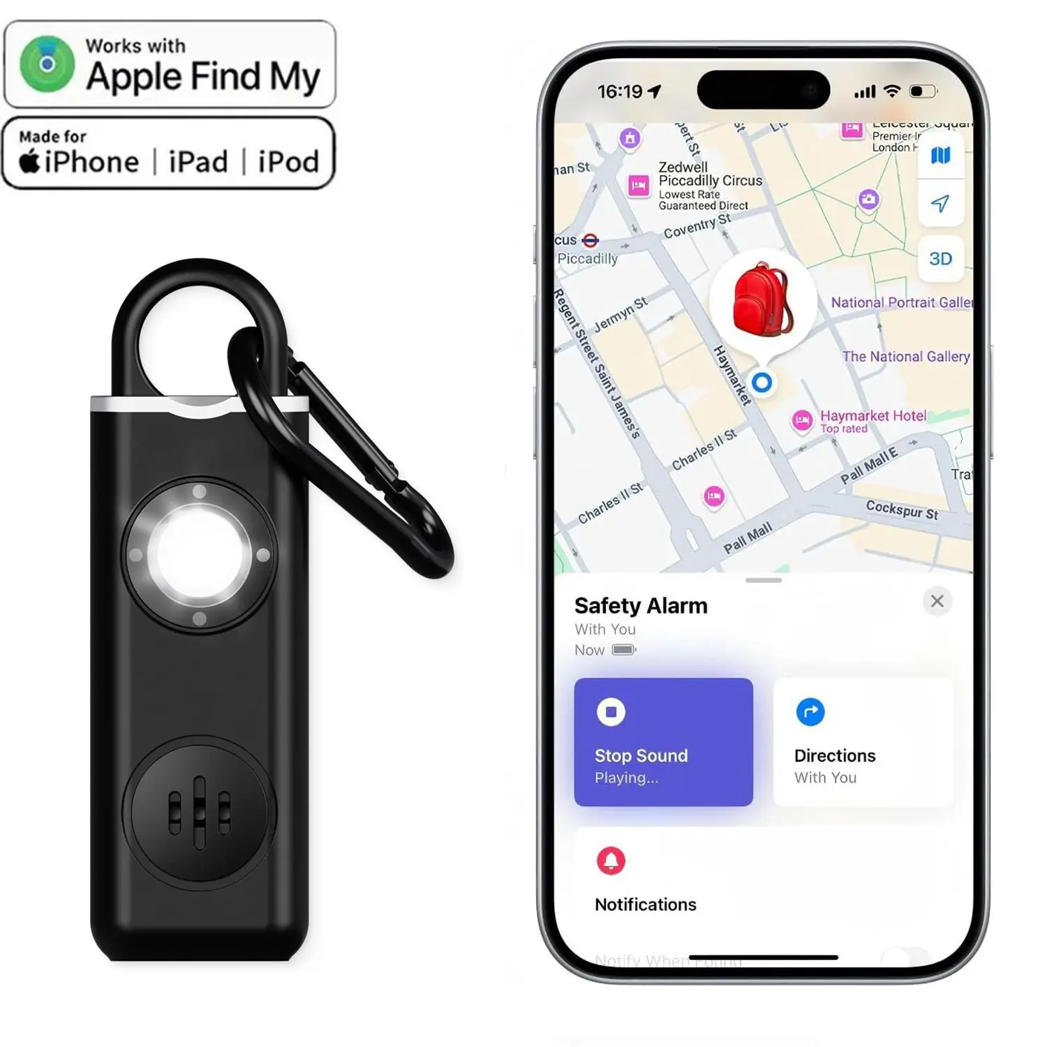 Personal Safety Alarm & GPS Location, Built in GPS Tracking - Work with Apple Find My, Work with iPhone, iOS Compatible, iOS Only, Android Not Supported, 130dB Self Defense Siren, Position Kids Elderly, Bluetooth Key Finder, Item Anti Lost, Strobe Lights