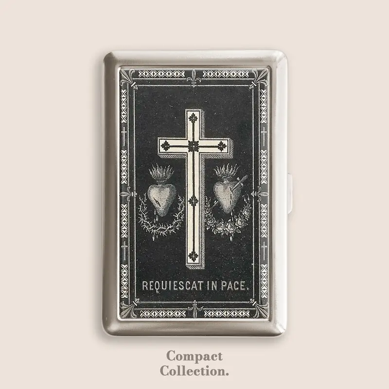Vintage Stainless Steel Compact Cigarette Case - Button-Open Jesus Christ Burning Heart Requiescat in Pace Design, 100s Holder, 4"l x 2 2/3"w x 2/3"h Box, Epoxy Resin Home Organizer Accessory, Id Card Holder, Great Gift for Men, Women, Friends