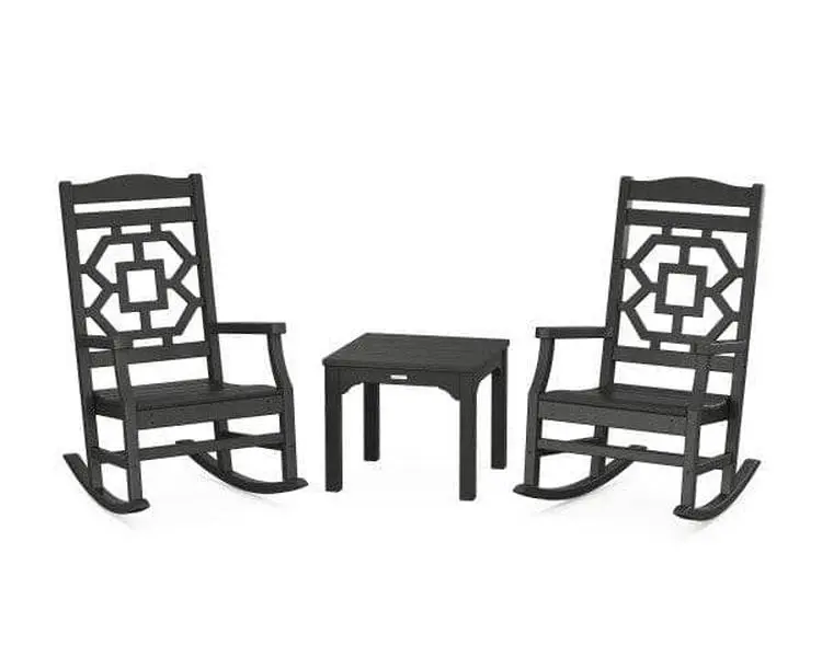 POLYWOOD Chinoiserie 3-Piece Rocking Chair Set in Black