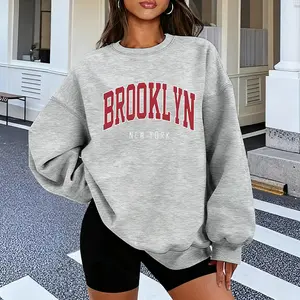Women's Patterned Crewneck Sweatshirt - 'BROOKLYN' New York Print, Gray Cotton Knit Crewneck Sweatshirt, Breathable and Slightly Stretchy Casual Womenswear