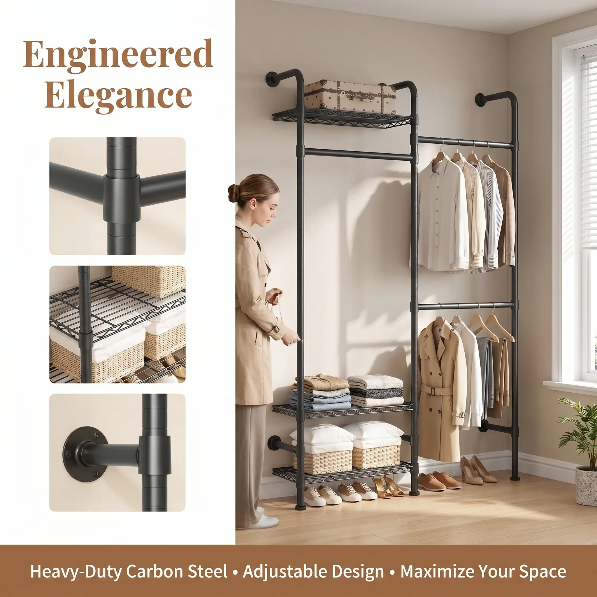 YJ-Garvee Wall Mounted Pipe Closet Organizer – Durable Carbon Steel Clothes Rack – Expandable Rods (23.62-35.43 in) – 3 Wire Shelves – Space-Saving Commercial Storage Rack – Matte Black