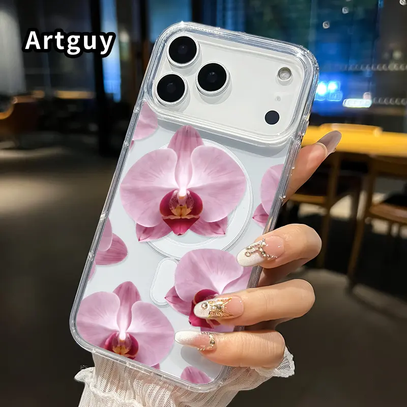 Orchid Elegance Bloom Pattern Magnetic Phone Case for iPhone 17 16  Pro Max Plus 15 14 13 12 11 Air E Anti-Yellowing Shockproof Lightweight Transparent Acrylic Large Hole Soft Cover Supports Wireless Charging, Smartphone, Handheld