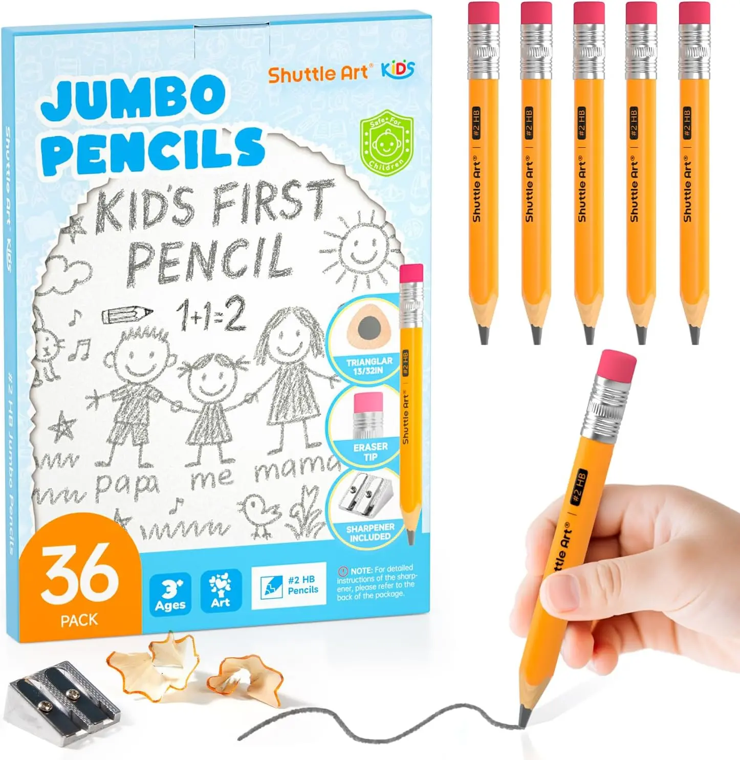 Shuttle Art Jumbo Pencils - 36 Pack Triangle Pre sharpened Pencils#2 HB with Top Erasers & Sharpener, for Kids Ages 4-6, Kindergarten School Supplies, Ideal for Home, Classroom