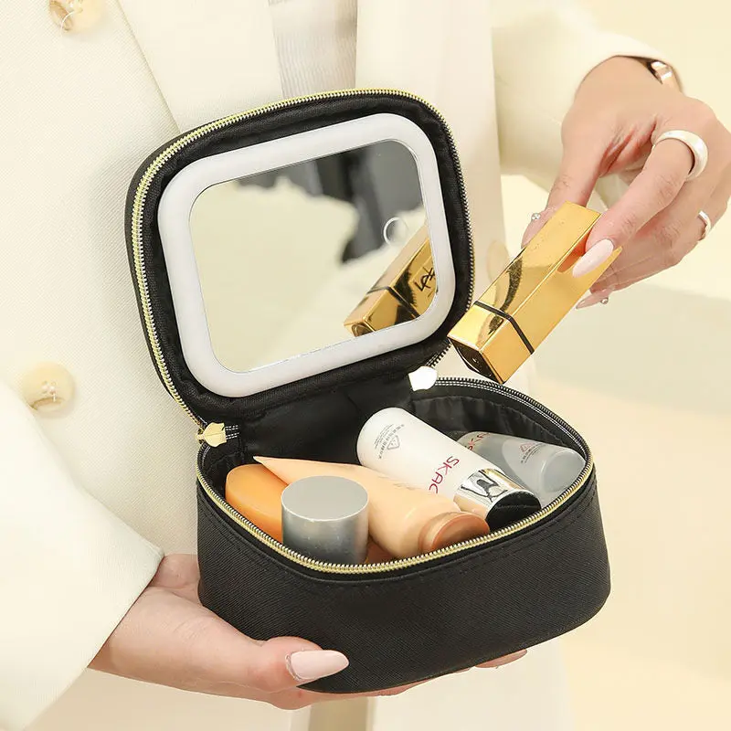 Halo Vanity Makeup Bag with HD Mirror – Travel Cosmetic Organizer with Optional LED Light