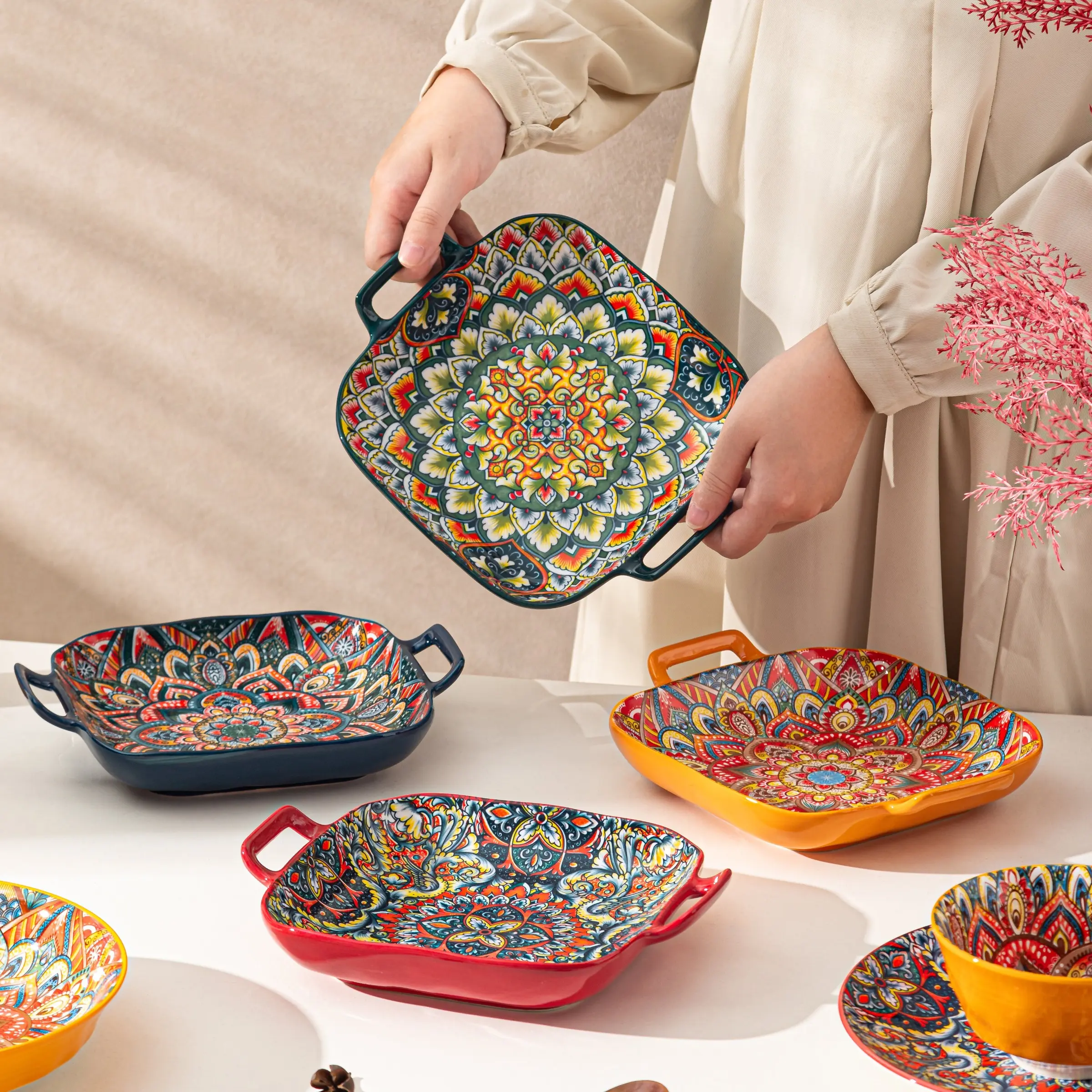 9-inch dual ear square plate 4-piece set, stylish Bohemian style tableware, ceramic plates, dishwasher and microwave safe, suitable for holding vegetables, salads, steaks, pasta and other delicious dishes, Dinner Set, Dinnerware