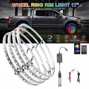 17" Multicolor RGB LED Aluminum Ring Wheel Lights Kit, Chasing Color Tire Rim Lights with Bluetooth App & RF Remote Control, IP67 Waterproof Underglow for Truck, Car Light Kit with App Control Shift Wheel Light, LED Wheel Light