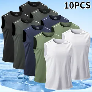 Men’s 10-Piece Solid-Color Sleeveless Tank Top Set, Breathable Fabric Lightweight Fit Quick-Dry Summer Outdoor Casual Apparel for Hiking, Leisure Activities